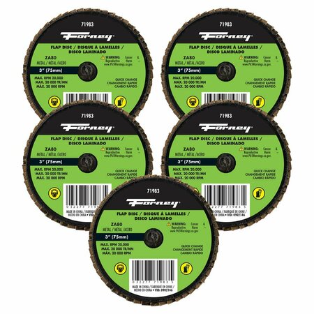 FORNEY Quick Change Flap Disc, 80 Grit, 3 in 5-Pack of Forney 71983 71616